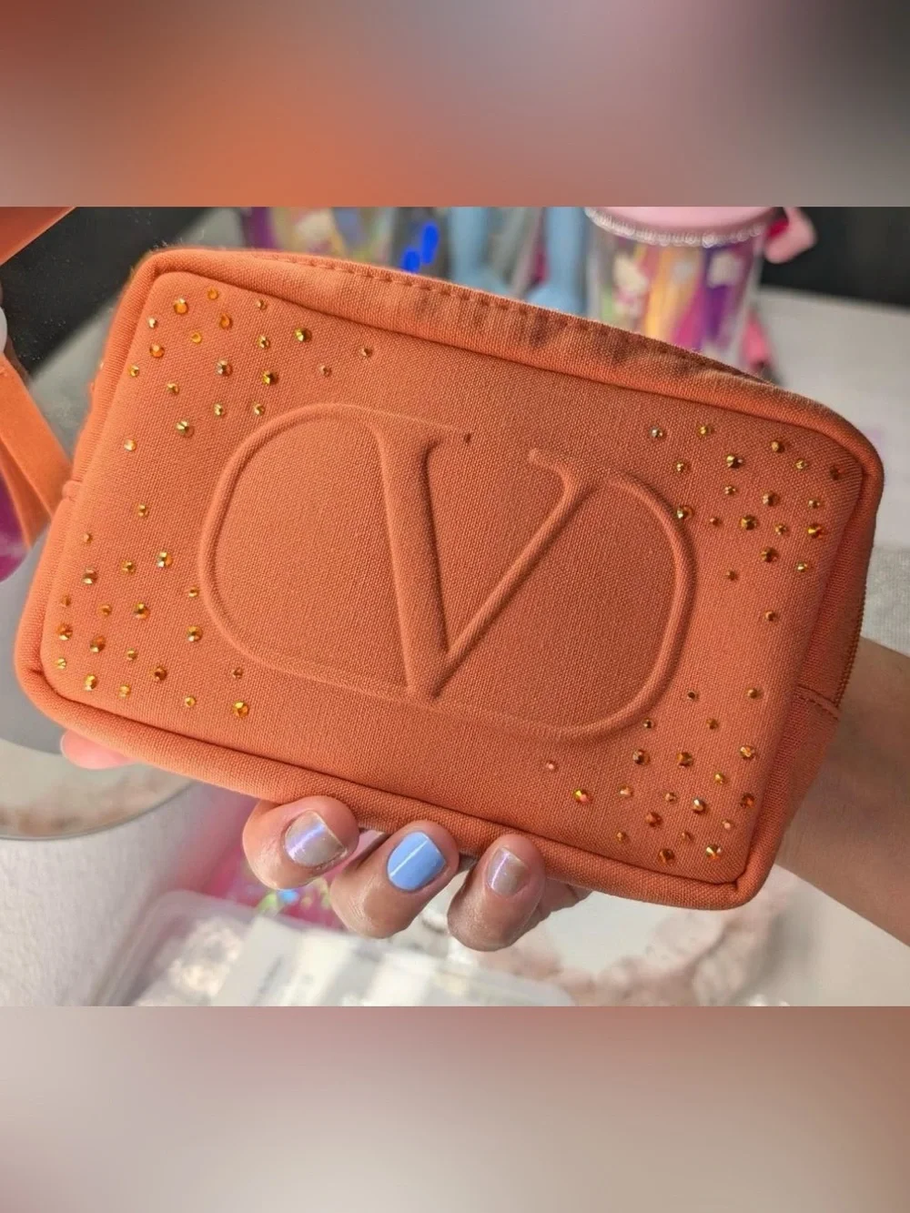 Valentino GWP✨🧡💛Orange Embossed V Cosmetic Pouch with Gold Stud Accents